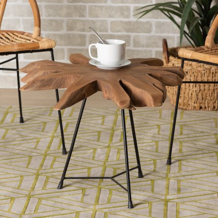 BAXTON STUDIO Merci Rustic Industrial Natural Brown and Black End Table with Teak Tree Trunk Tabletop 209-12794